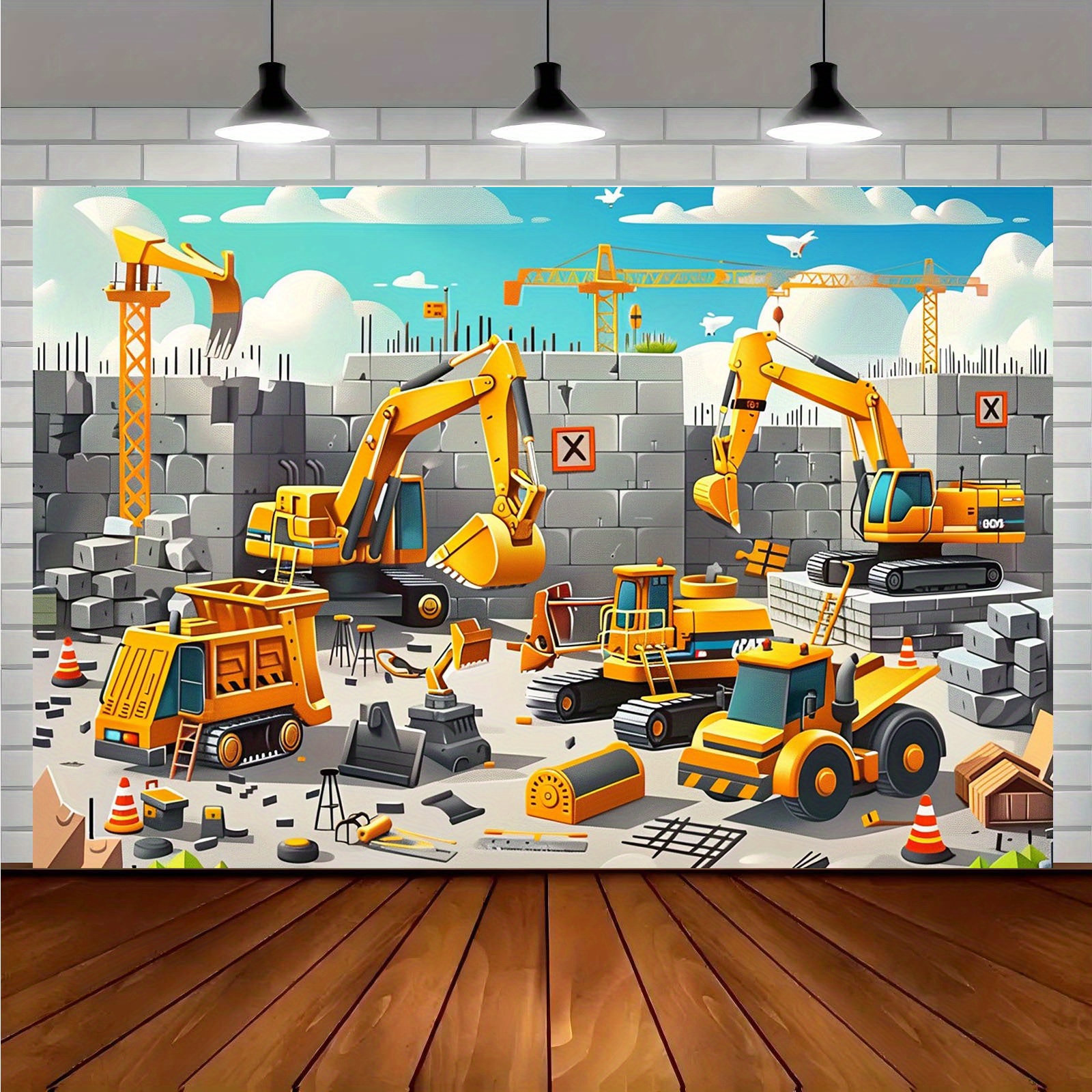 Heavy Equipment Used - 鮮やかな建設現場パーティーバナー 1枚 - 黄色の掘削機と重機のデザイン、建築テーマの装飾