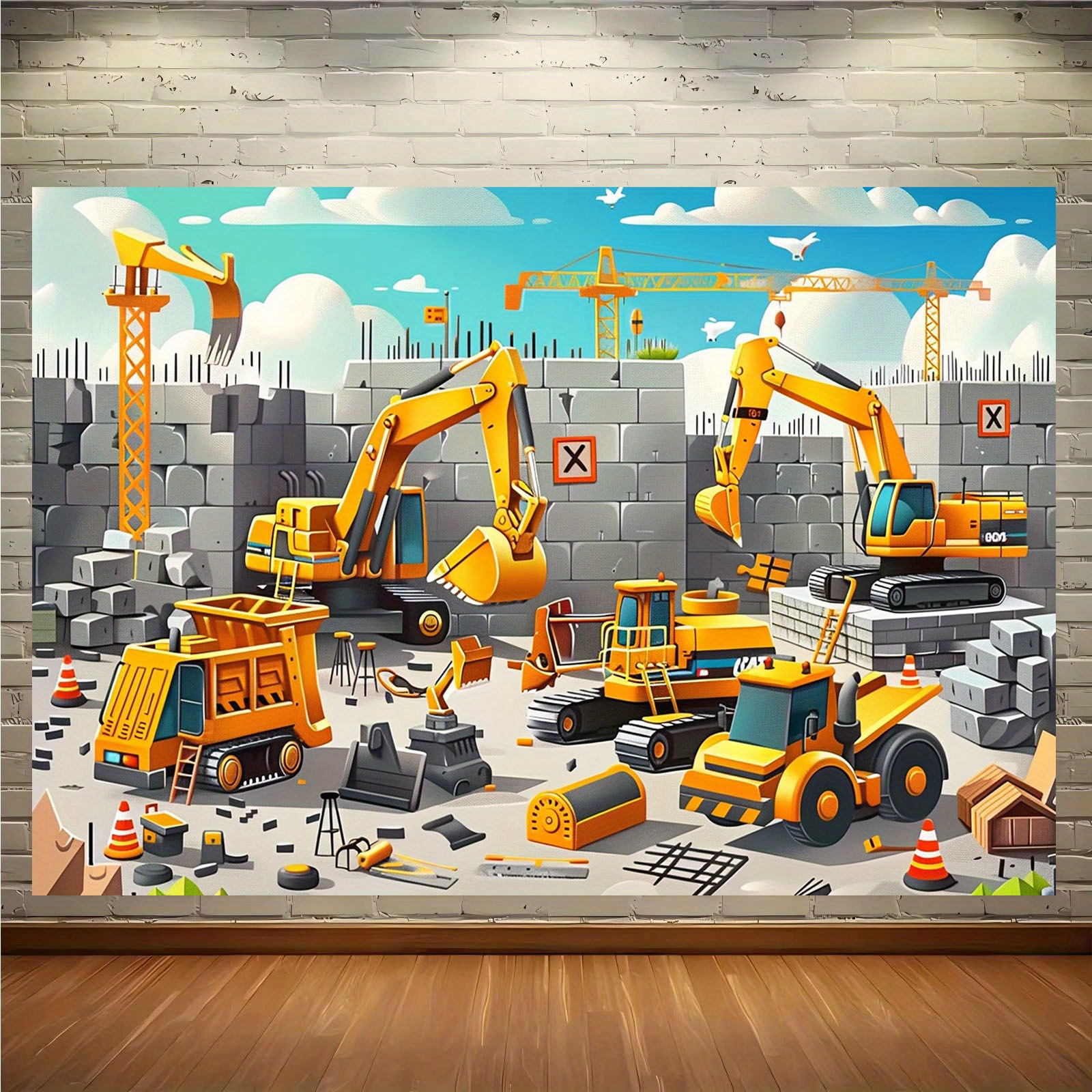 鮮やかな建設現場パーティーバナー 1枚 - 黄色の掘削機と重 - Heavy Equipment Used のレビューと価格