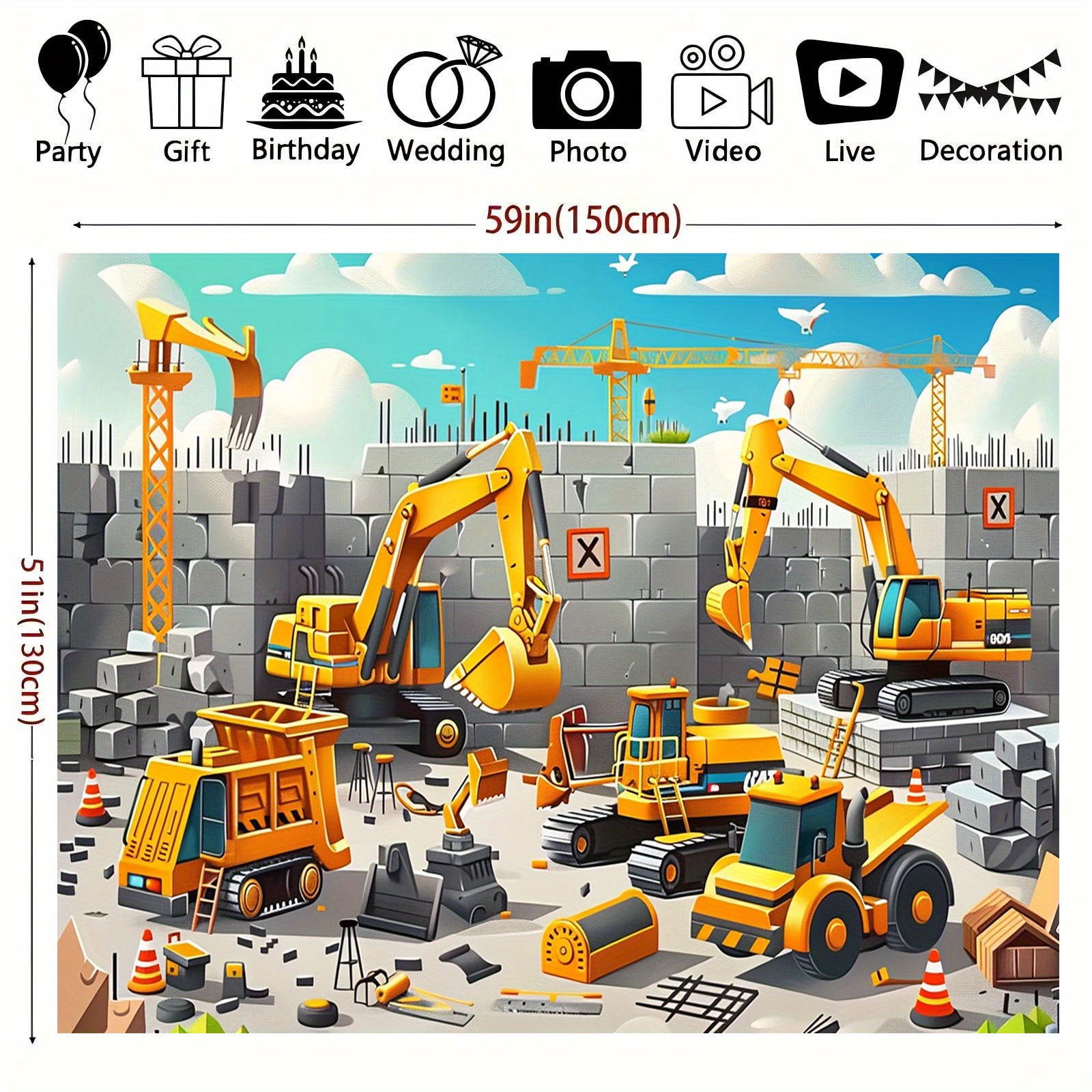 鮮やかな建設現場パーティーバナー 1枚 - 黄色の掘削機と重 - Heavy Equipment Used のレビューと価格